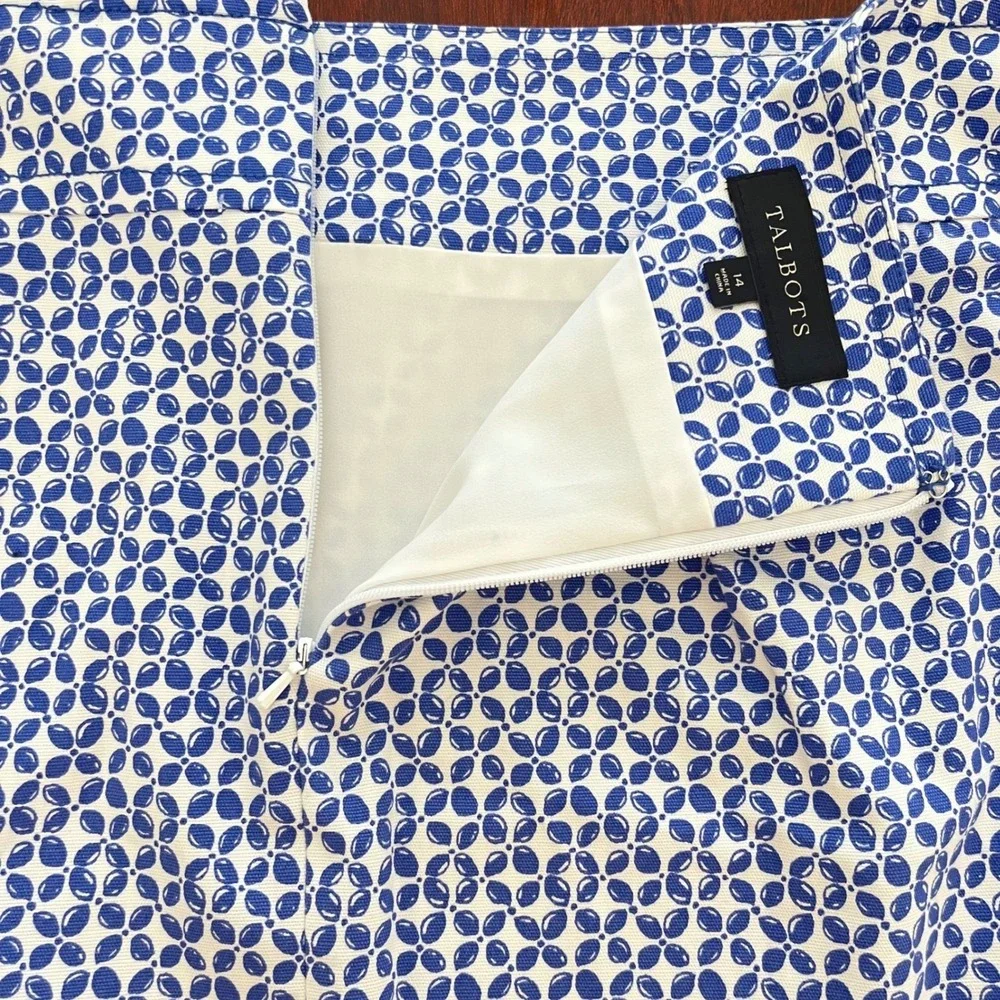 Talbots Womens A-Line Skirt 14 Blue Geometric‎ Cotton Canvas Stretch Above Knee